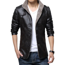 Load image into Gallery viewer, Faux Leather Jacket Long Neckline Thick Slim Fit
