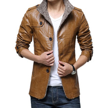 Load image into Gallery viewer, Faux Leather Jacket Long Neckline Thick Slim Fit