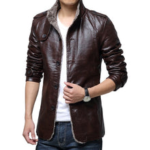 Load image into Gallery viewer, Faux Leather Jacket Long Neckline Thick Slim Fit
